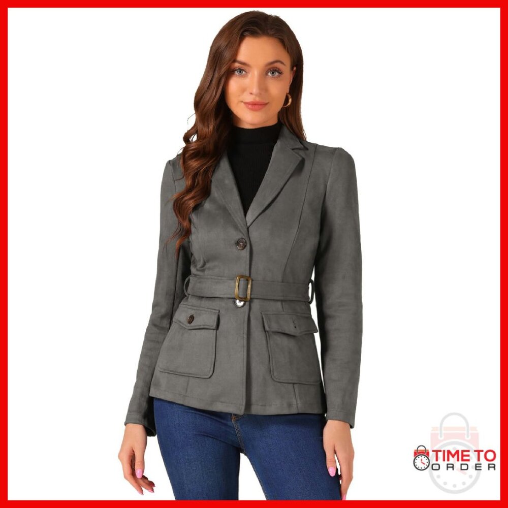 Faux Suede Blazer Jacket Belted Lapel Work Casual Outwear
